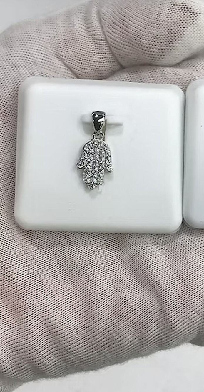 925 Sterling Silver CZ Hamsa Hand Cubic Zirconia 3D Pendant 18mm